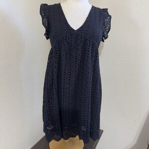 Southern Fried Chics Mini Dress Black Sz Small Babydoll Eyelet  Pockets Cotton